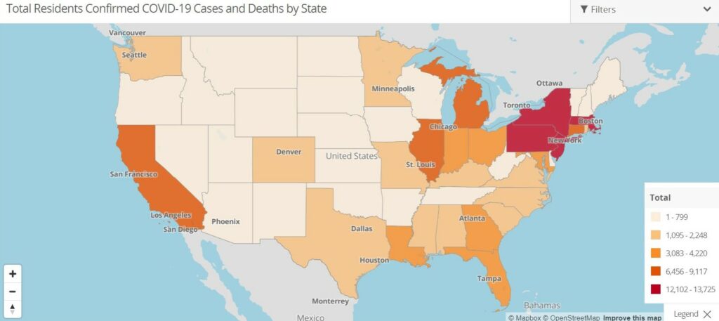 US map showing the total number of residents confirmed COVID-19 cases and deaths by state available on the CMS Nursing Home Compare website. Source: CMS